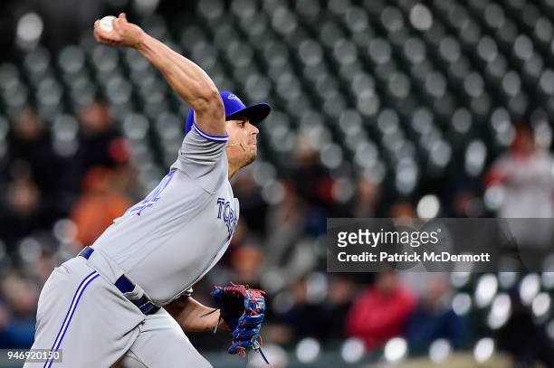 Roberto Osuna of the Toronto Blue Jays throws a pitch in the ninth inning against the Baltimore Orioles at Oriole Park at Camden Yards on April 10,...