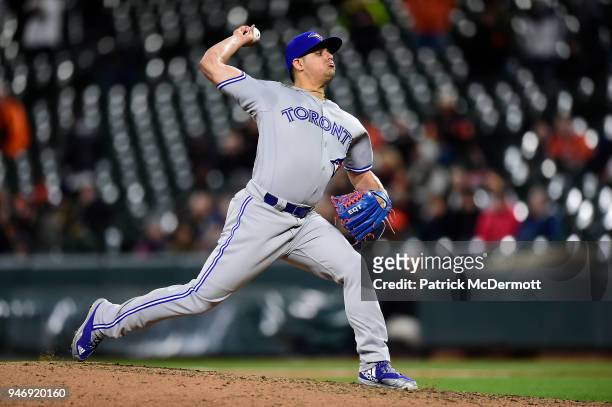 Roberto Osuna of the Toronto Blue Jays throws a pitch in the ninth inning against the Baltimore Orioles at Oriole Park at Camden Yards on April 10,...