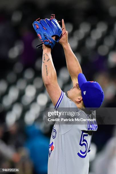 Roberto Osuna of the Toronto Blue Jays celebrates after the Blue Jays defeated the Baltimore Orioles 2-1 at Oriole Park at Camden Yards on April 10,...