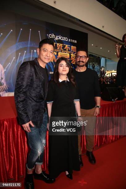 Actor Andy Lau, actress Zaira Wasim and actor Aamir Khan attend 'Secret Superstar' press conference on April 15, 2018 in Hong Kong, Hong Kong.