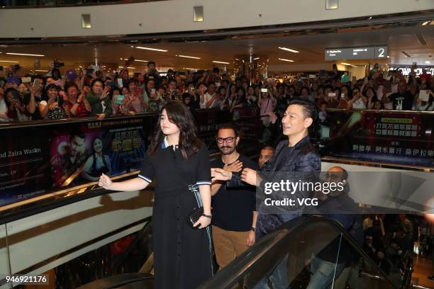 Actress Zaira Wasim, actor Aamir Khan and actor Andy Lau attend 'Secret Superstar' press conference on April 15, 2018 in Hong Kong, Hong Kong.