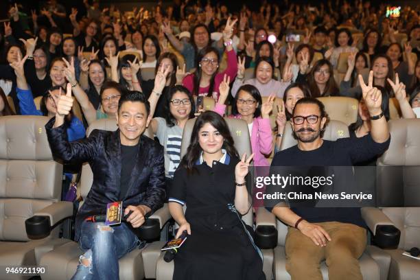 Actor Andy Lau, actress Zaira Wasim and actor Aamir Khan attend 'Secret Superstar' press conference on April 15, 2018 in Hong Kong, Hong Kong.