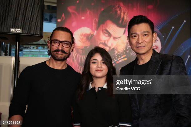 Actor Aamir Khan, actress Zaira Wasim and actor Andy Lau attend 'Secret Superstar' press conference on April 15, 2018 in Hong Kong, Hong Kong.