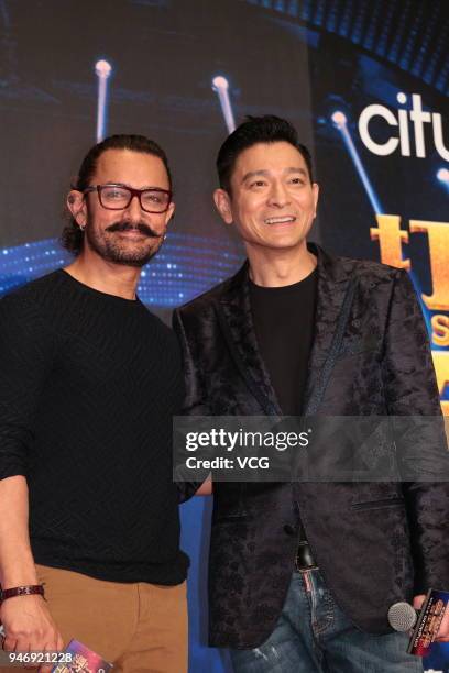 Actor Andy Lau and actor Aamir Khan attend 'Secret Superstar' press conference on April 15, 2018 in Hong Kong, Hong Kong.