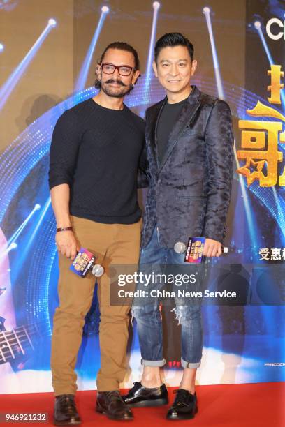 Actor Andy Lau and actor Aamir Khan attend 'Secret Superstar' press conference on April 15, 2018 in Hong Kong, Hong Kong.