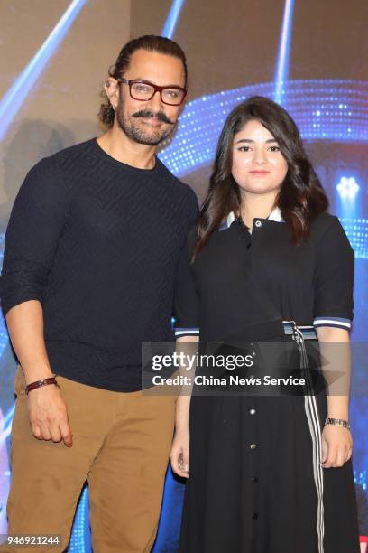 Actress Zaira Wasim and actor Aamir Khan attend 'Secret Superstar' press conference on April 15, 2018 in Hong Kong, Hong Kong.