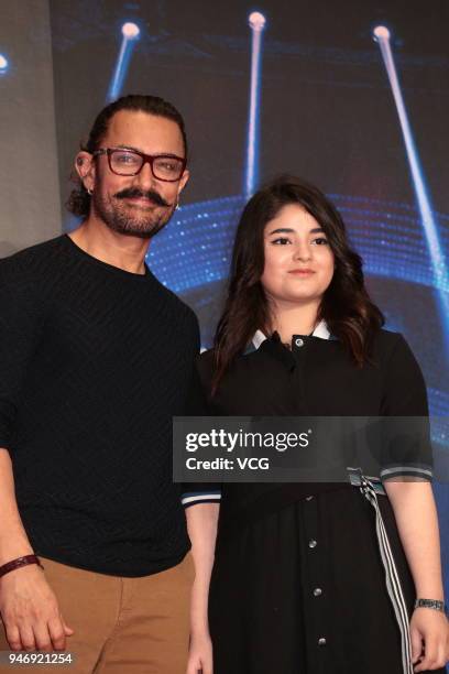 Actor Aamir Khan and actress Zaira Wasim attend 'Secret Superstar' press conference on April 15, 2018 in Hong Kong, Hong Kong.