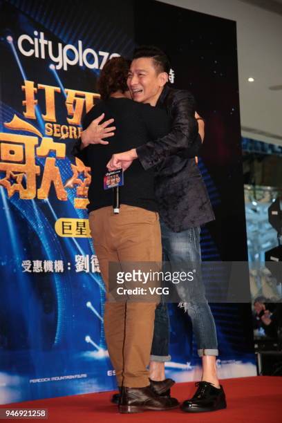 Actor Andy Lau and actor Aamir Khan attend 'Secret Superstar' press conference on April 15, 2018 in Hong Kong, Hong Kong.