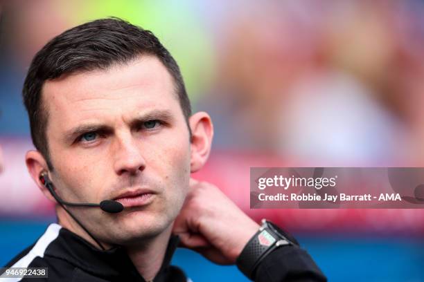 Fourth Official Michael Oliver during the Premier League match between Huddersfield Town and Watford at John Smith's Stadium on April 14, 2018 in...