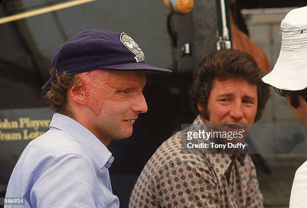 Sep 1976: Ferrari driver Niki Lauda sits with Mario Andretti at the Formula One Italian Grand Prix at Monza in Italy. It is Lauda's first race back...