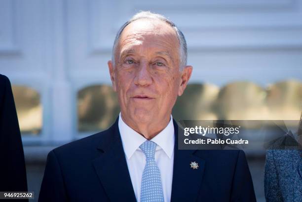 King Felipe VI of Spain and Queen Letizia of Spain receive president of Portugal Marcelo Rebelo de Sousa at Zarzuela Palace on April 16, 2018 in...