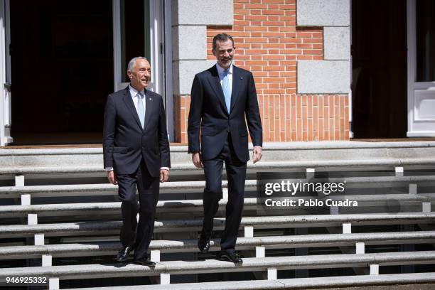 King Felipe VI of Spain receives president of Portugal Marcelo Rebelo de Sousa at Zarzuela Palace on April 16, 2018 in Madrid, Spain.