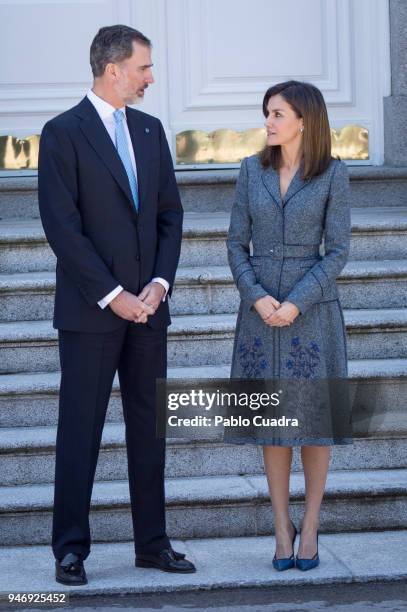 King Felipe VI of Spain and Queen Letizia of Spain receive president of Portugal Marcelo Rebelo de Sousa at Zarzuela Palace on April 16, 2018 in...