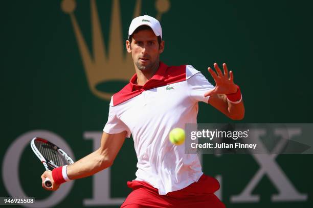 Novak Djokovic of Serbia in action in his singles match against Dusan Lajovic of Serbia during day two of ATP Masters Series: Monte Carlo Rolex...