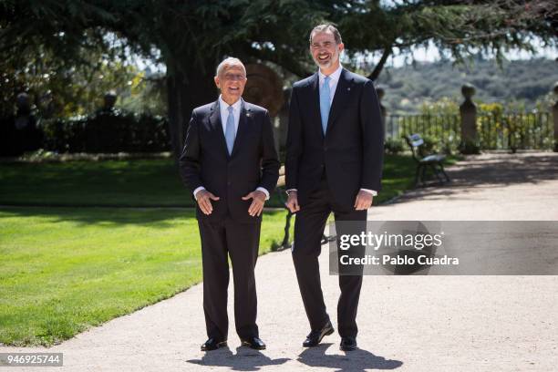 King Felipe VI of Spain receives president of Portugal Marcelo Rebelo de Sousa at Zarzuela Palace on April 16, 2018 in Madrid, Spain.