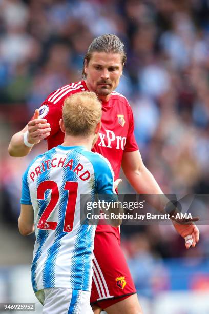 Alex Pritchard of Huddersfield Town and Sebastian Prodl of Watford during the Premier League match between Huddersfield Town and Watford at John...