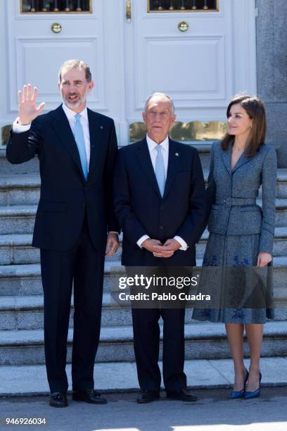 King Felipe VI of Spain and Queen Letizia of Spain receive president of Portugal Marcelo Rebelo de Sousa at Zarzuela Palace on April 16, 2018 in...