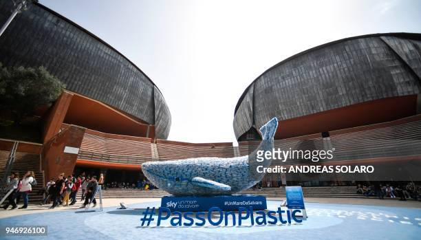 Picture shows "Plasticus", a 10-metre installation depicting a whale created by "Sky Ocean Rescue-A Sea to Save", and made up of 250 kg of plastic...