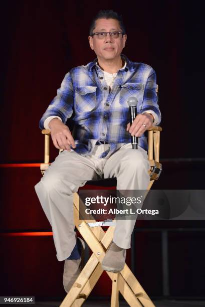 Director Dean Devlin on stage promoting 'Bad Samaritan' on Day 2 of Monsterpalooza Held at Pasadena Convention Center on April 15, 2018 in Pasadena,...