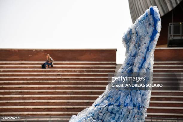Picture shows a detail of "Plasticus", a 10-metre installation depicting a whale created by "Sky Ocean Rescue-A Sea to Save", and made up of 250 kg...