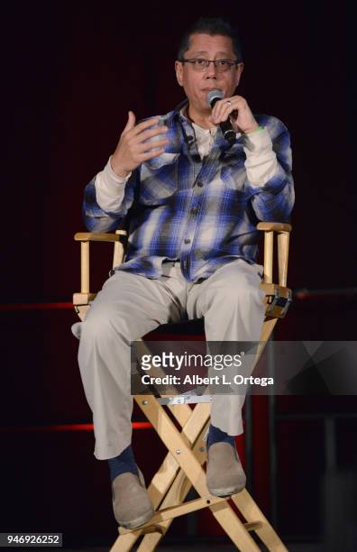 Director Dean Devlin on stage promoting 'Bad Samaritan' on Day 2 of Monsterpalooza Held at Pasadena Convention Center on April 15, 2018 in Pasadena,...