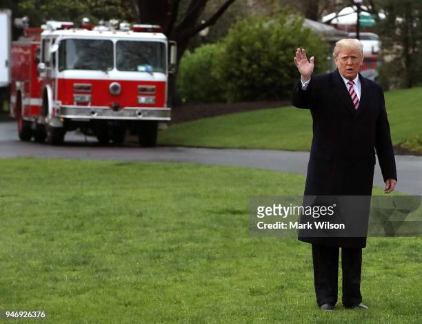 President Donald Trump heads toward Marine One while departing from the White House, on April 16, 2018 in Washington, DC. President Trump is...