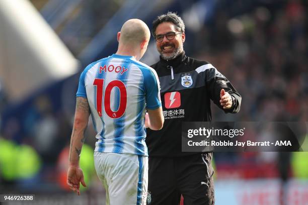 Aaron Mooy of Huddersfield Town and David Wagner head coach / manager of Huddersfield Town celebrate at full time during the Premier League match...