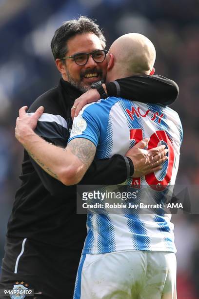 Aaron Mooy of Huddersfield Town and David Wagner head coach / manager of Huddersfield Town celebrate at full time during the Premier League match...