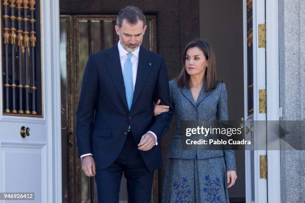 King Felipe VI of Spain and Queen Letizia of Spain receive president of Portugal Marcelo Rebelo de Sousa at Zarzuela Palace on April 16, 2018 in...