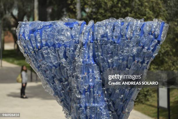 Picture shows a detail of "Plasticus", a 10-metre installation depicting a whale created by "Sky Ocean Rescue-A Sea to Save", and made up of 250 kg...