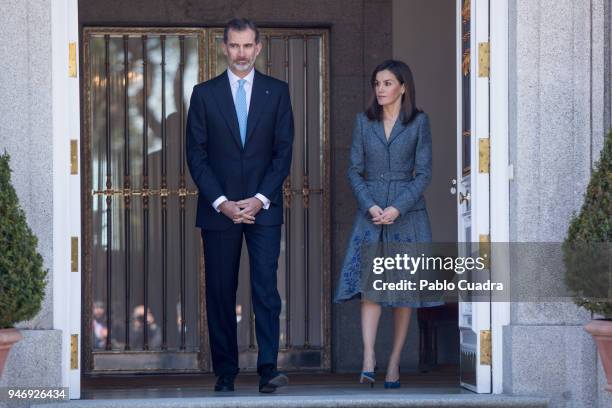 King Felipe VI of Spain and Queen Letizia of Spain receive president of Portugal Marcelo Rebelo de Sousa at Zarzuela Palace on April 16, 2018 in...