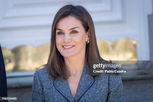 Queen Letizia of Spain receives president of Portugal Marcelo Rebelo de Sousa at Zarzuela Palace on April 16, 2018 in Madrid, Spain.