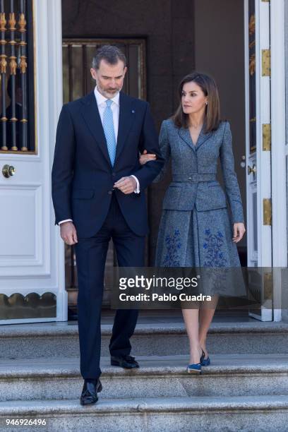 King Felipe VI of Spain and Queen Letizia of Spain receive president of Portugal Marcelo Rebelo de Sousa at Zarzuela Palace on April 16, 2018 in...