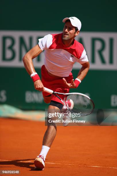 Novak Djokovic of Serbia in action in his singles match against Dusan Lajovic of Serbia during day two of ATP Masters Series: Monte Carlo Rolex...