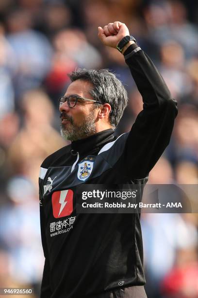 David Wagner head coach / manager of Huddersfield Town celebrates at full time during the Premier League match between Huddersfield Town and Watford...