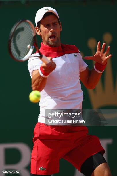 Novak Djokovic of Serbia in action in his singles match against Dusan Lajovic of Serbia during day two of ATP Masters Series: Monte Carlo Rolex...