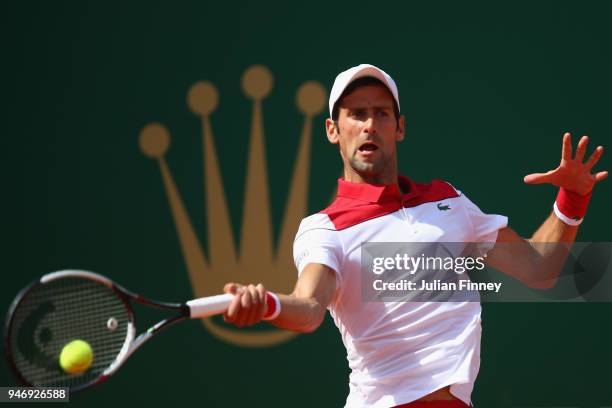 Novak Djokovic of Serbia in action in his singles match against Dusan Lajovic of Serbia during day two of ATP Masters Series: Monte Carlo Rolex...