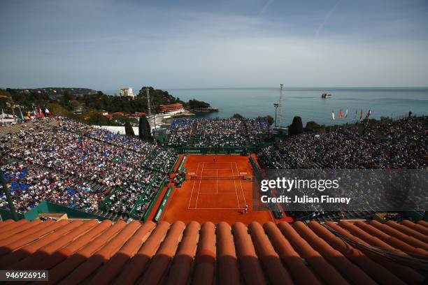 General view as Novak Djokovic play Dusan Lajovic of Serbia in their singles match during day two of ATP Masters Series: Monte Carlo Rolex Masters at...