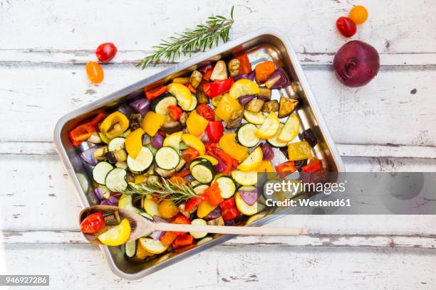 mediterranean oven vegetables - baked vegetables stock pictures, royalty-free photos & images