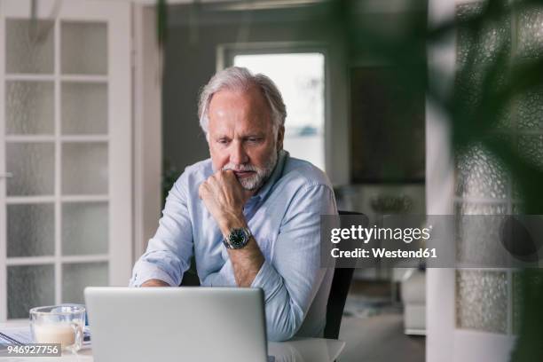 portrait of mature man using laptop at home - older men stock pictures, royalty-free photos & images