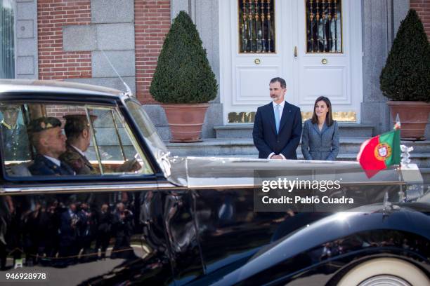 King Felipe VI of Spain and Queen Letizia of Spain receive president of Portugal Marcelo Rebelo de Sousa at Zarzuela Palace on April 16, 2018 in...