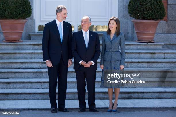 King Felipe VI of Spain and Queen Letizia of Spain receive president of Portugal Marcelo Rebelo de Sousa at Zarzuela Palace on April 16, 2018 in...