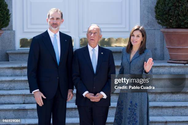 King Felipe VI of Spain and Queen Letizia of Spain receive president of Portugal Marcelo Rebelo de Sousa at Zarzuela Palace on April 16, 2018 in...