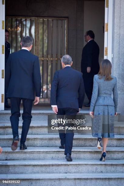 King Felipe VI of Spain and Queen Letizia of Spain receive president of Portugal Marcelo Rebelo de Sousa at Zarzuela Palace on April 16, 2018 in...