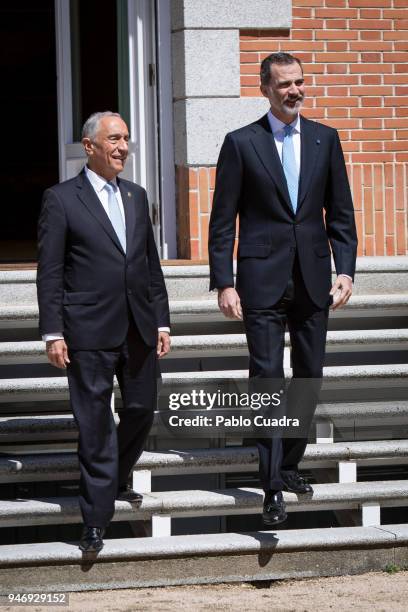 King Felipe VI of Spain receives president of Portugal Marcelo Rebelo de Sousa at Zarzuela Palace on April 16, 2018 in Madrid, Spain.