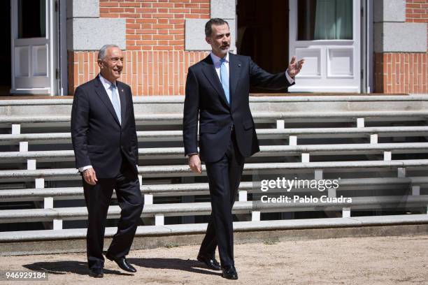 King Felipe VI of Spain receives president of Portugal Marcelo Rebelo de Sousa at Zarzuela Palace on April 16, 2018 in Madrid, Spain.