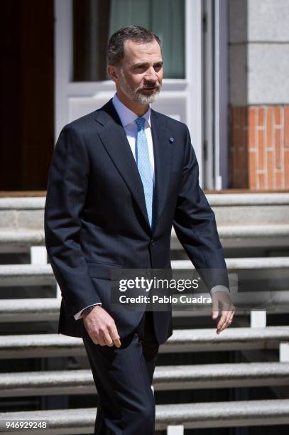 King Felipe VI of Spain receives president of Portugal Marcelo Rebelo de Sousa at Zarzuela Palace on April 16, 2018 in Madrid, Spain.