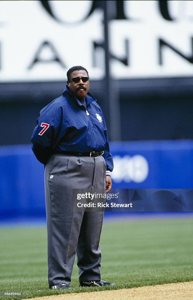 Umpire Eric Gregg stands on the field during a MLB game between the
