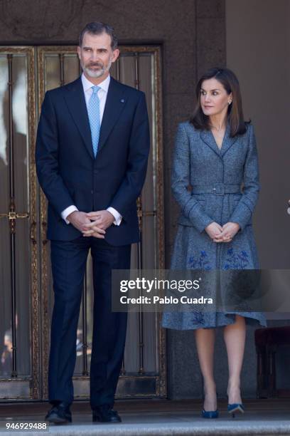 King Felipe VI of Spain and Queen Letizia of Spain receive president of Portugal Marcelo Rebelo de Sousa at Zarzuela Palace on April 16, 2018 in...