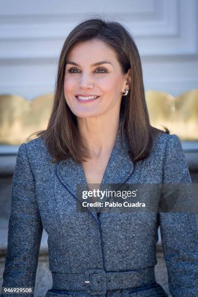 Queen Letizia of Spain receives president of Portugal Marcelo Rebelo de Sousa at Zarzuela Palace on April 16, 2018 in Madrid, Spain.